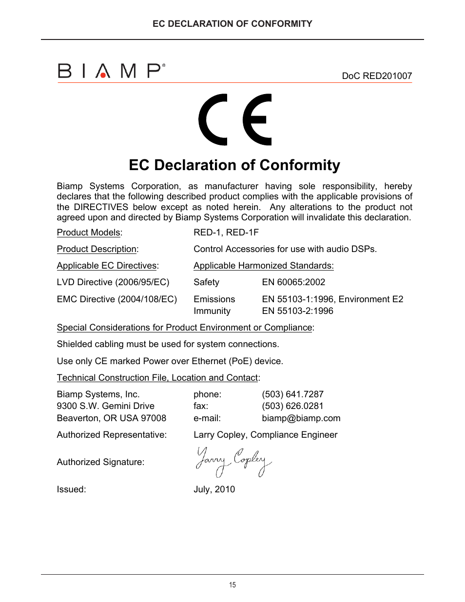 Ec declaration of conformity | Biamp RED-1 User Manual | Page 15 / 16