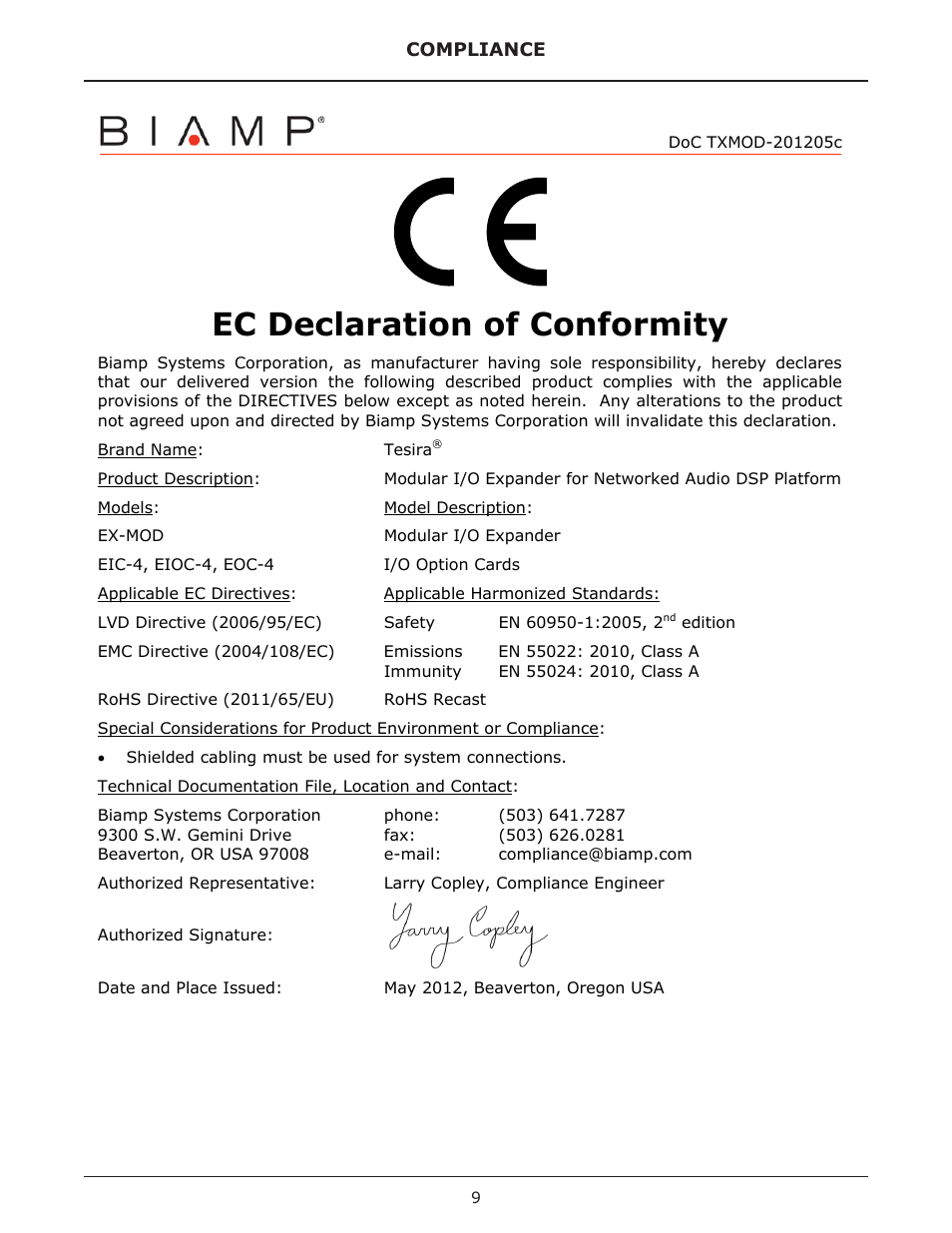 Ec declaration of conformity | Biamp EX-MOD User Manual | Page 9 / 10