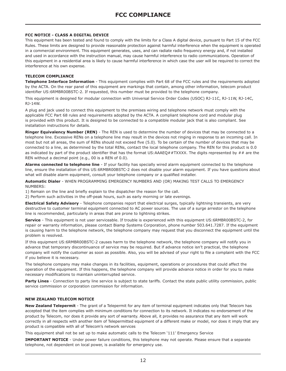 Fcc compliance | Biamp SERVER-IO User Manual | Page 12 / 15