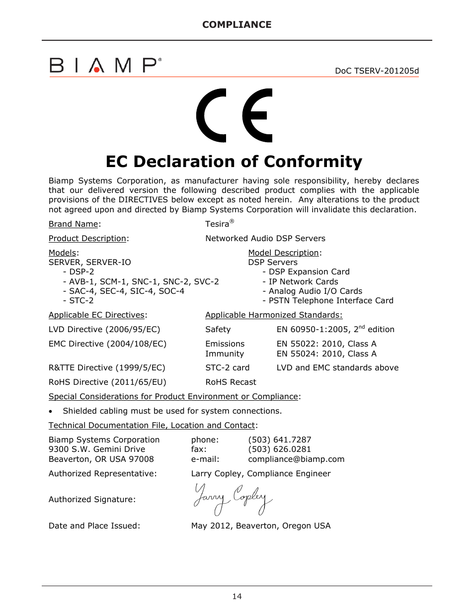 Ec declaration of conformity | Biamp SERVER-IO User Manual | Page 14 / 15