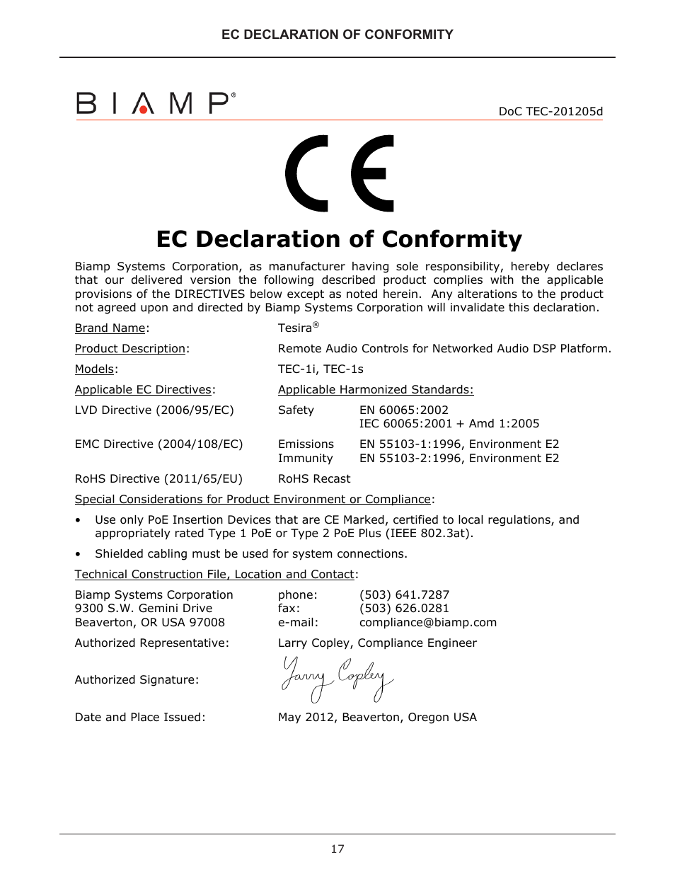 Ec declaration of conformity | Biamp TEC-1 User Manual | Page 17 / 18