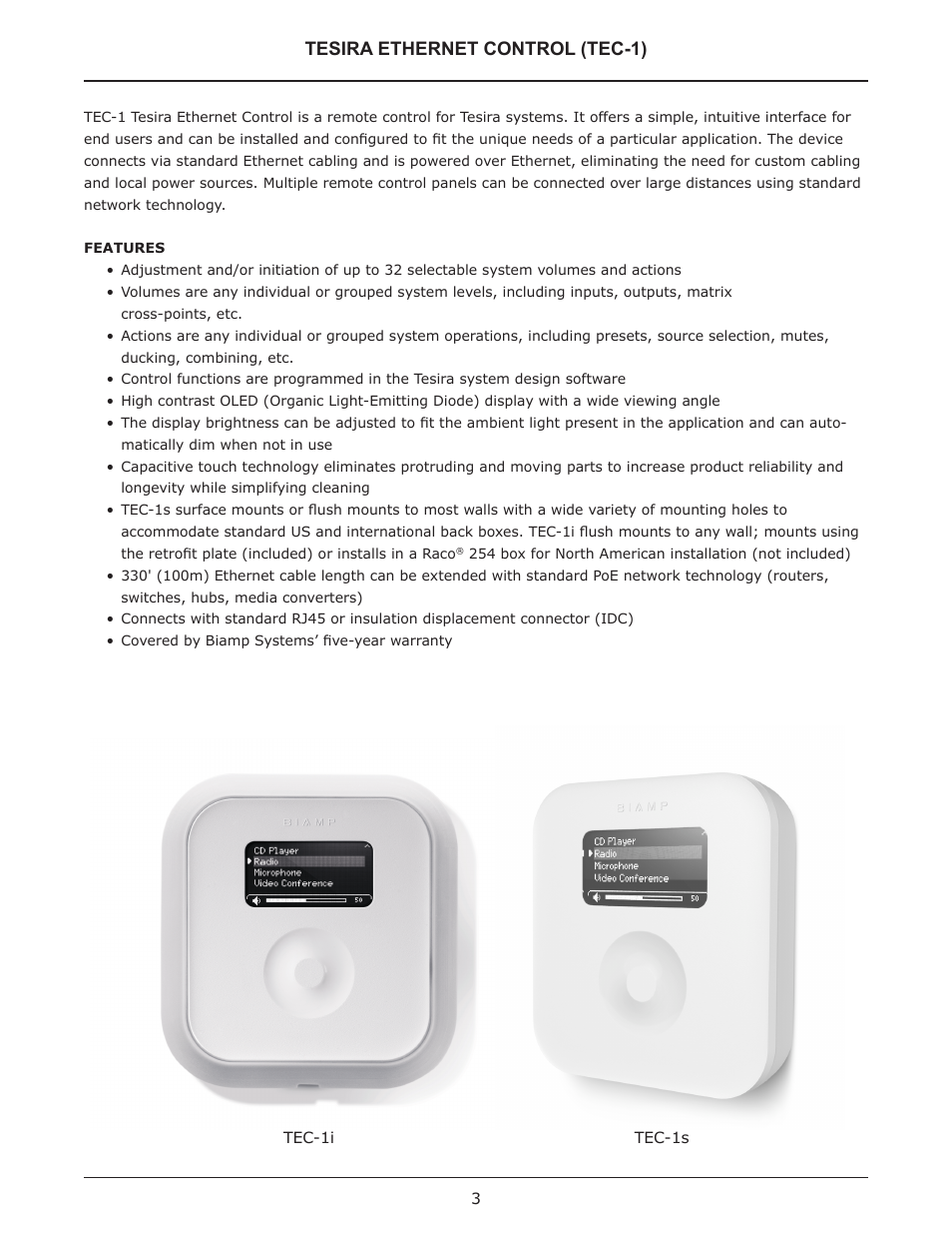 Tec-1) features, Tesira ethernet control (tec-1) | Biamp TEC-1 User Manual | Page 3 / 18