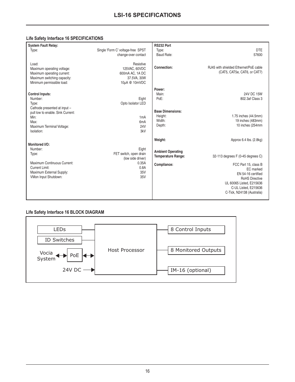 Lsi-16 specifications | Biamp LSI-16e User Manual | Page 16 / 20