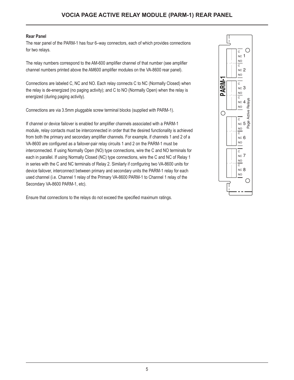 Parm-1, Vocia page active relay module (parm-1) rear panel | Biamp PARM-1 User Manual | Page 5 / 7