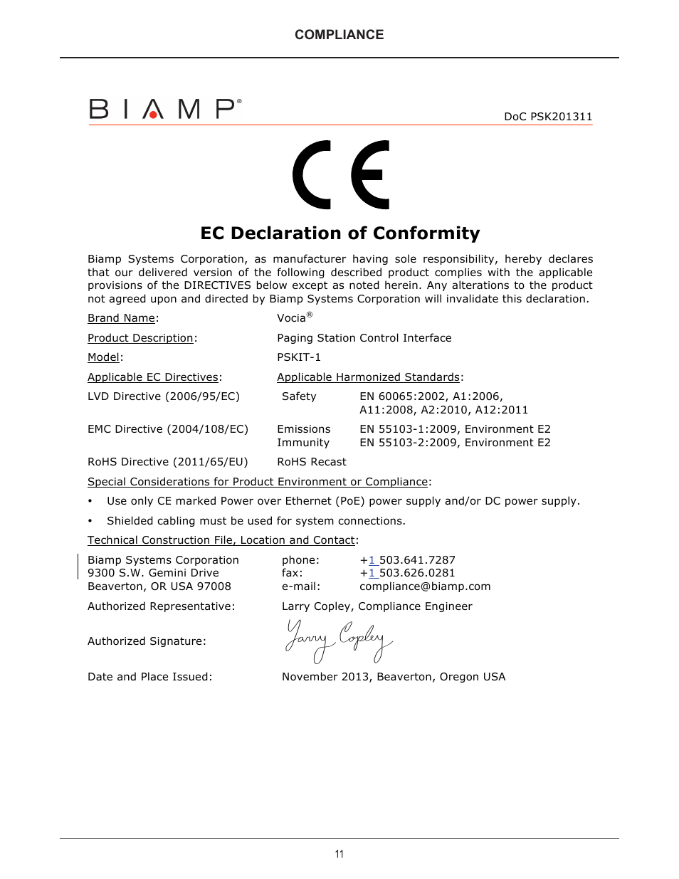 Ec declaration of conformity, Compliance | Biamp PSKIT-1 User Manual | Page 11 / 12