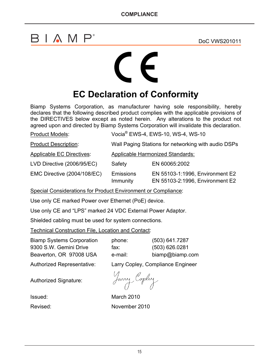Ec declaration of conformity | Biamp WS-10 User Manual | Page 15 / 16