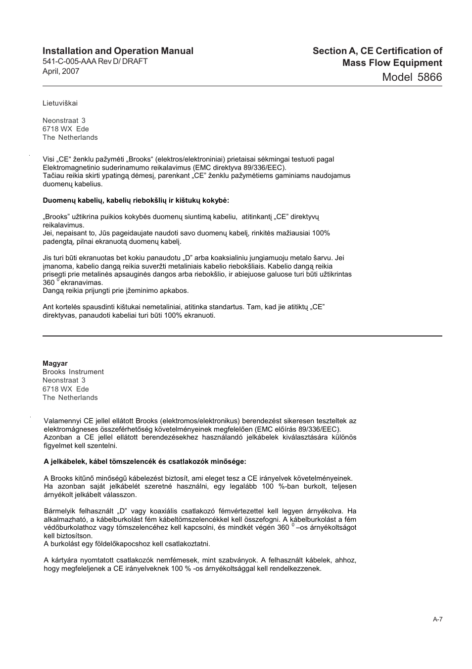 Model 5866, Installation and operation manual | Brooks Instrument 5866M User Manual | Page 56 / 65