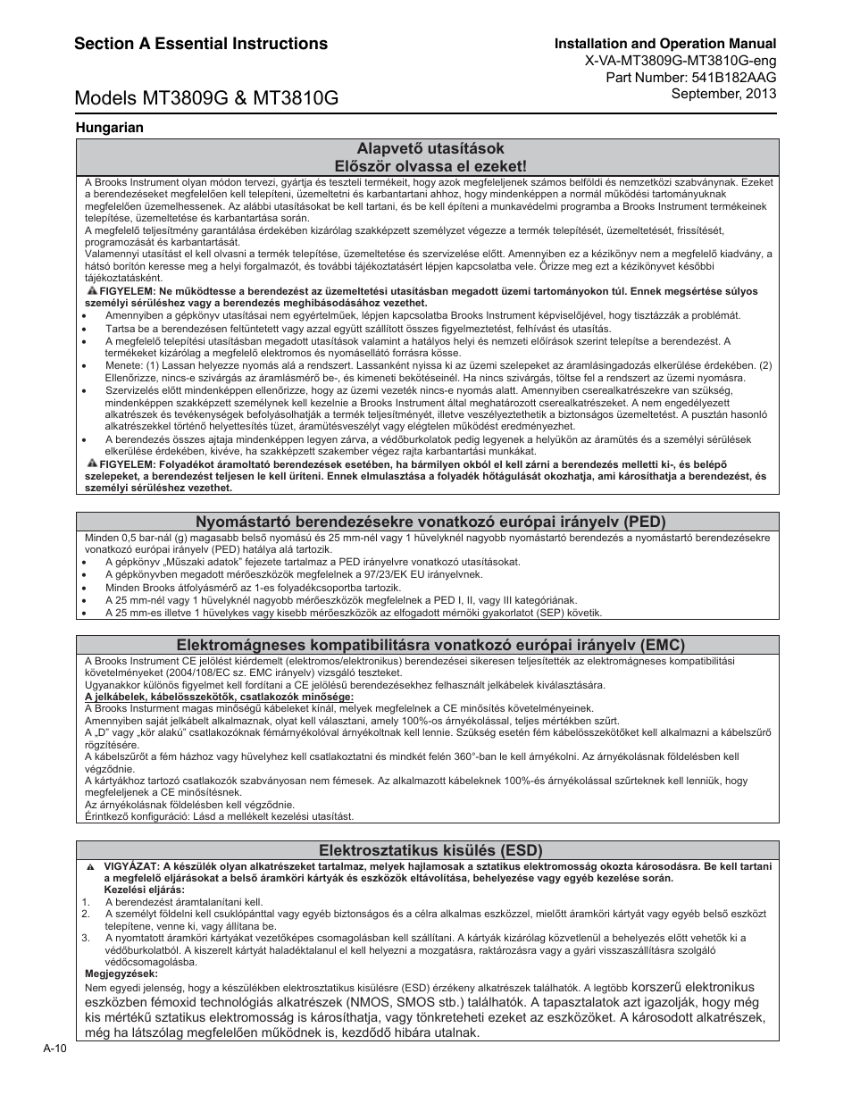 Alapvet utasítások, El ször olvassa el ezeket, Elektrosztatikus kisülés (esd) | Brooks Instrument MT3809G User Manual | Page 66 / 78