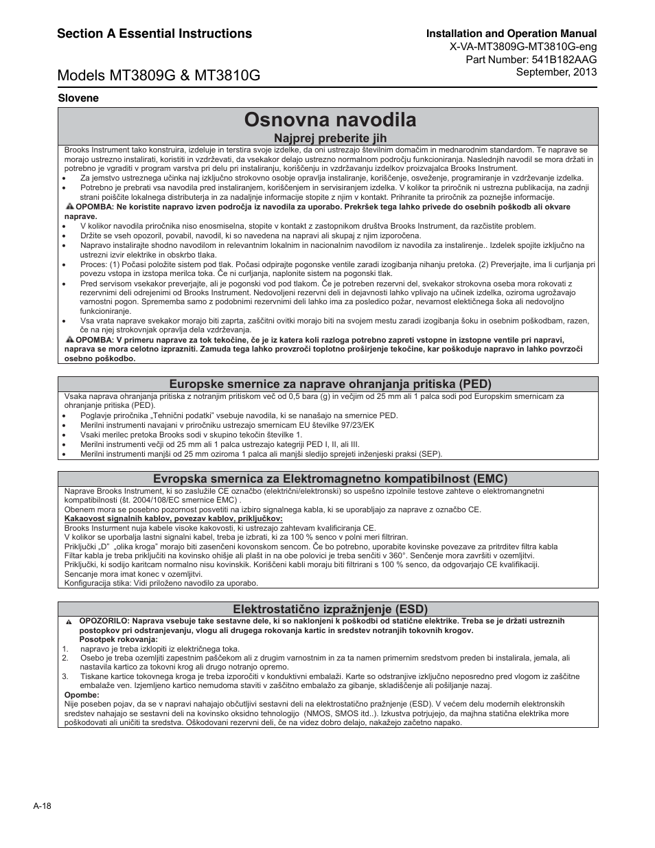 Osnovna navodila, Najprej preberite jih, Elektrostati no izpražnjenje (esd) | Brooks Instrument MT3809G User Manual | Page 74 / 78