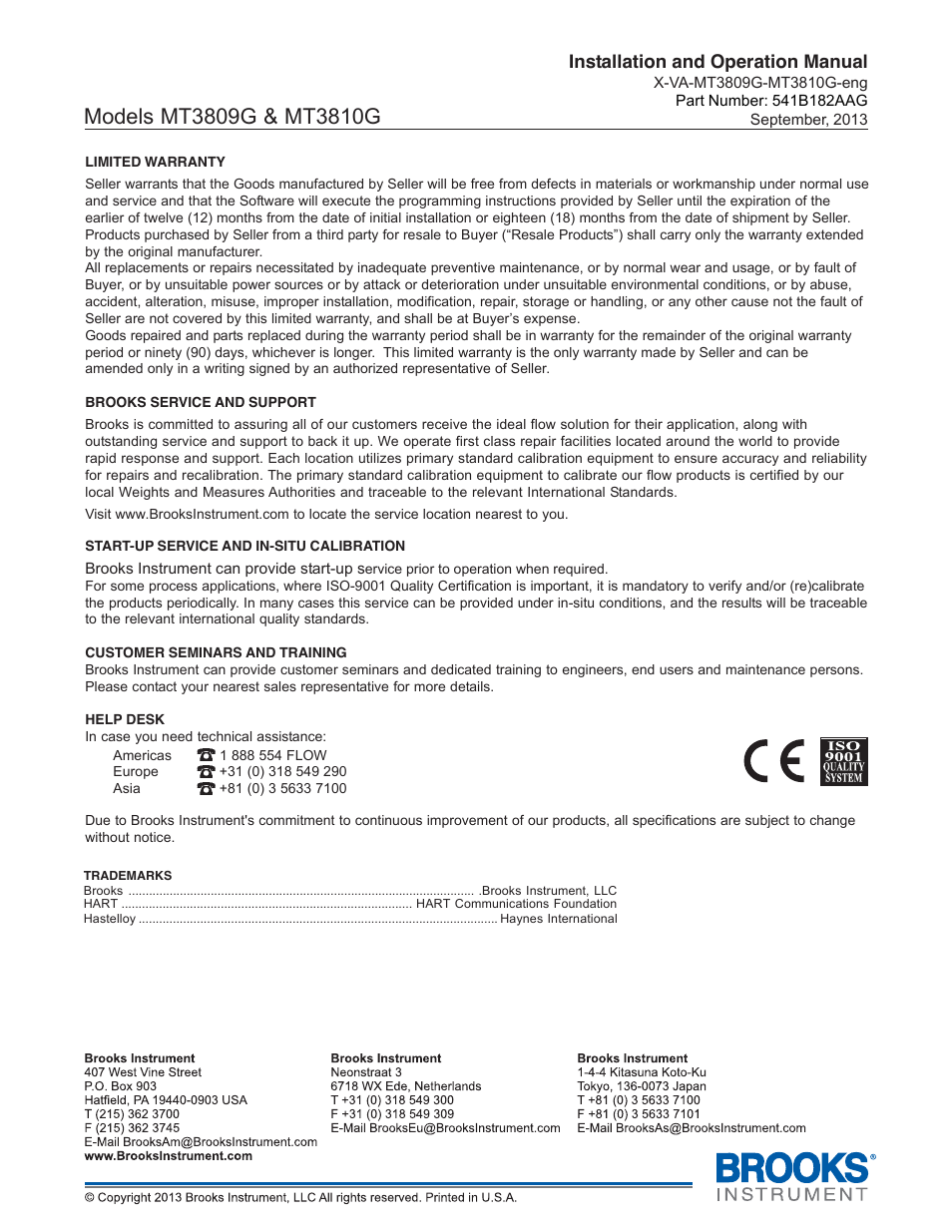 Installation and operation manual | Brooks Instrument MT3809G User Manual | Page 78 / 78
