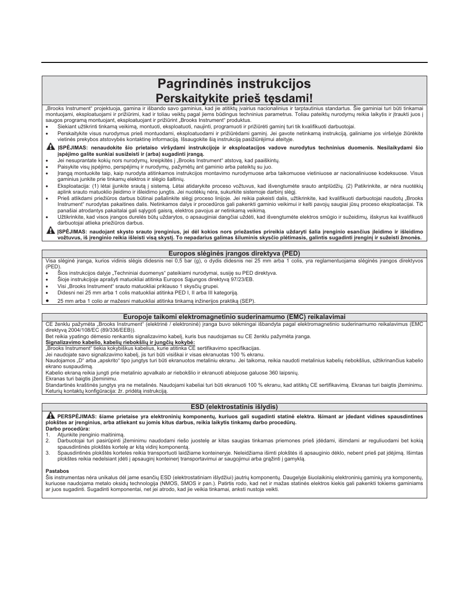 Pagrindinơs instrukcijos, Perskaitykite prieš tċsdami | Brooks Instrument 3600 Series User Manual | Page 47 / 56