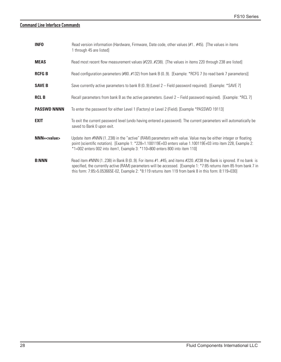 Command line interface commands | Fluid Components International FS10A User Manual | Page 30 / 54