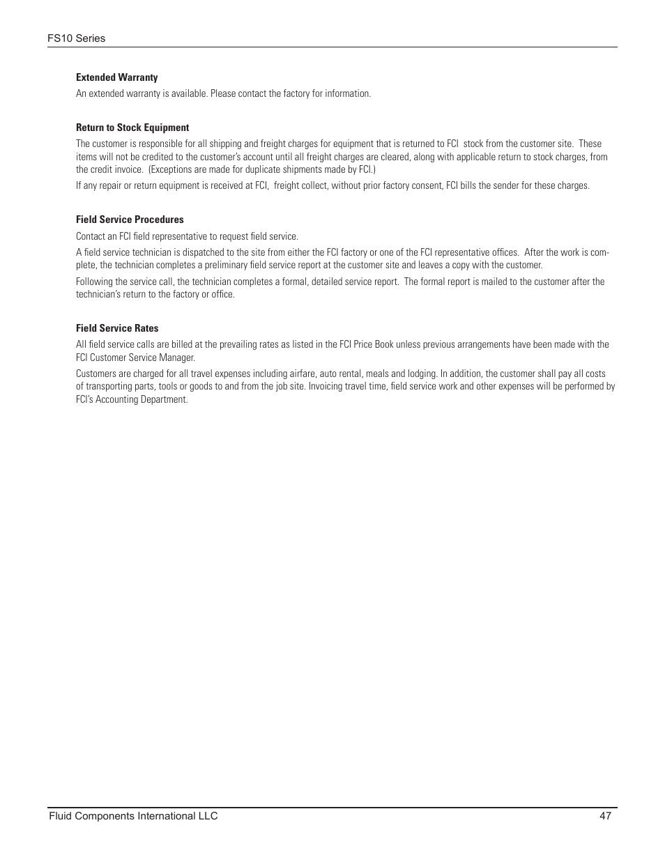 Extended warranty, Return to stock equipment, Field service procedures | Field service rates | Fluid Components International FS10A User Manual | Page 49 / 54