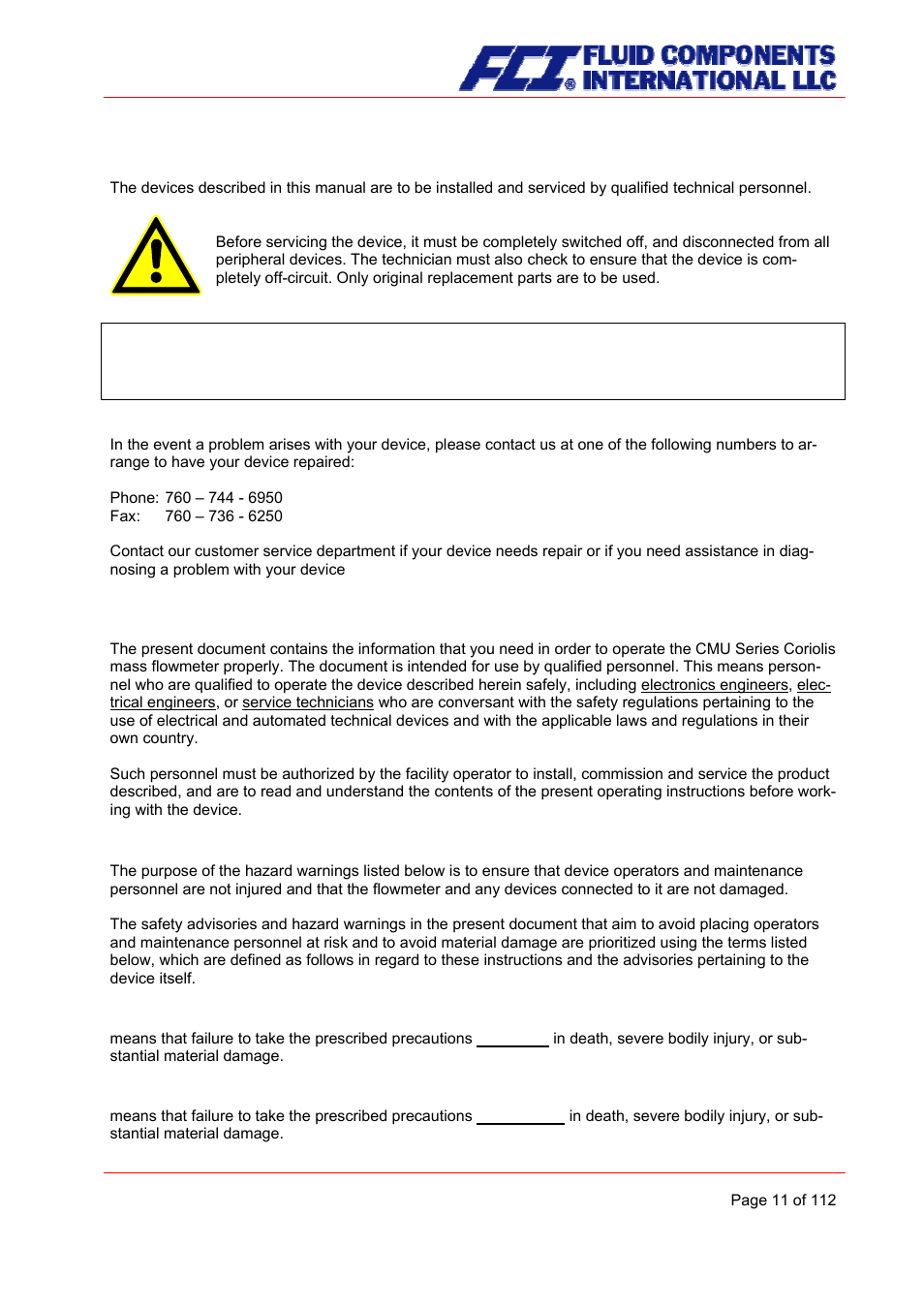 Installation and servicing, Safety advisory for the user, Hazard warnings | Danger, Warning | Fluid Components International CMU User Manual | Page 11 / 112