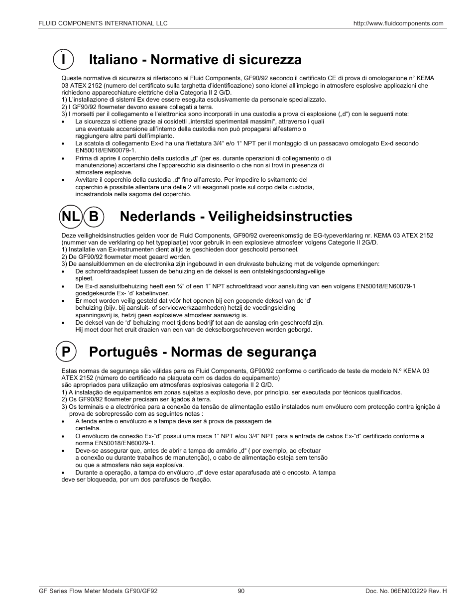 Iitaliano - normative di sicurezza, Nl b nederlands - veiligheidsinstructies, P português - normas de segurança | Fluid Components International GF90_GF92 User Manual | Page 94 / 102