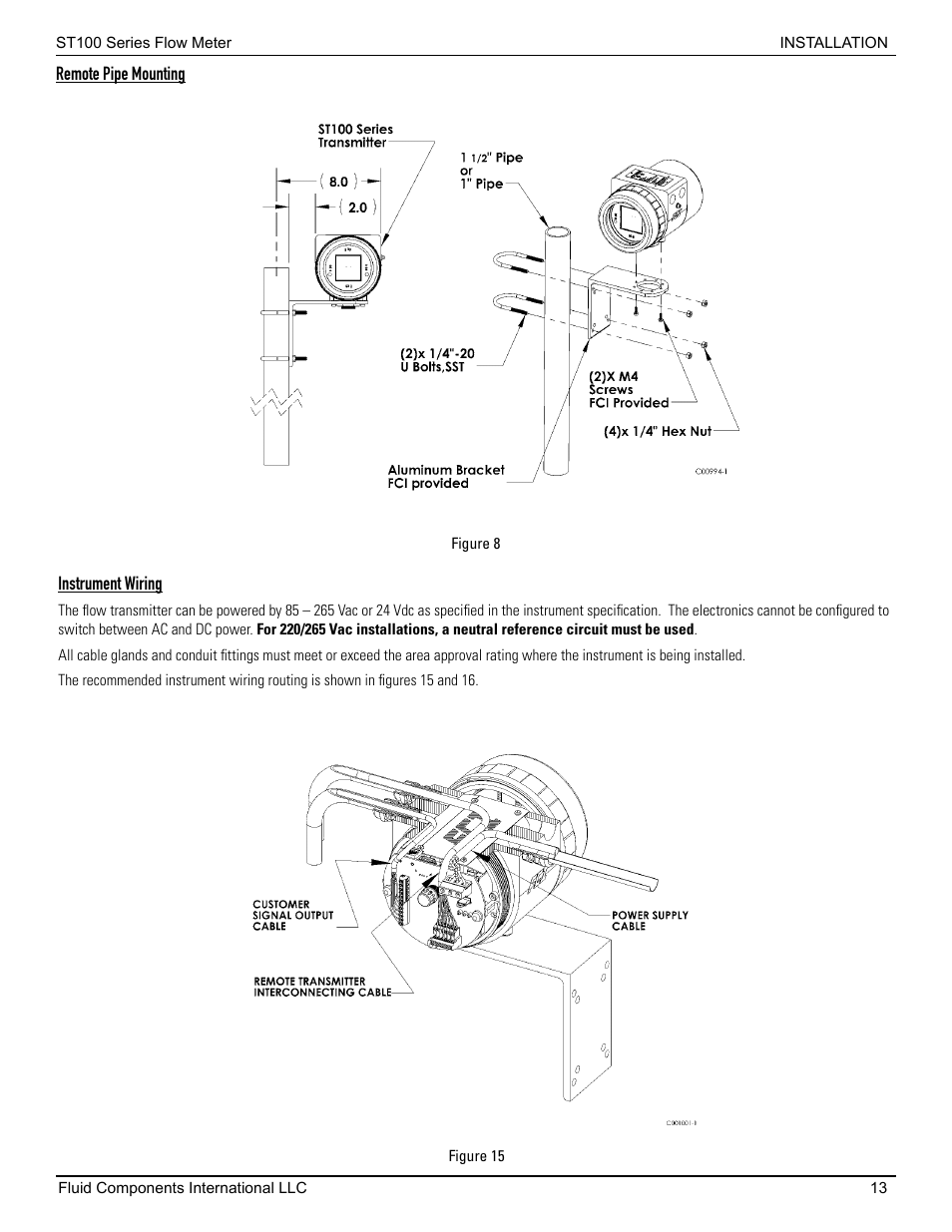 Remote pipe mounting, Instrument wiring, Remote pipe mounting instrument wiring | Fluid Components International ST100 Series User Manual | Page 17 / 64