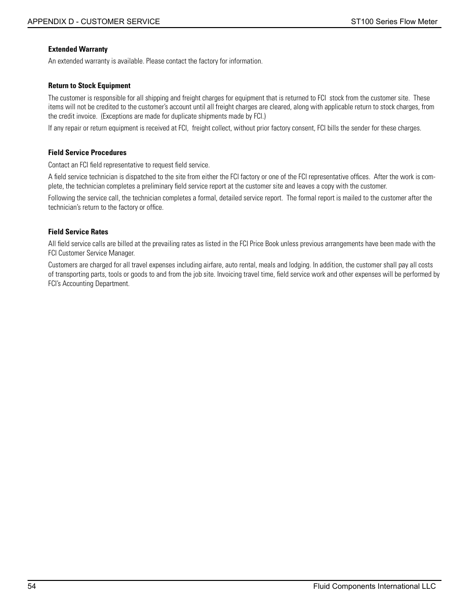 Extended warranty, Return to stock equipment, Field service procedures | Field service rates | Fluid Components International ST100 Series User Manual | Page 58 / 64