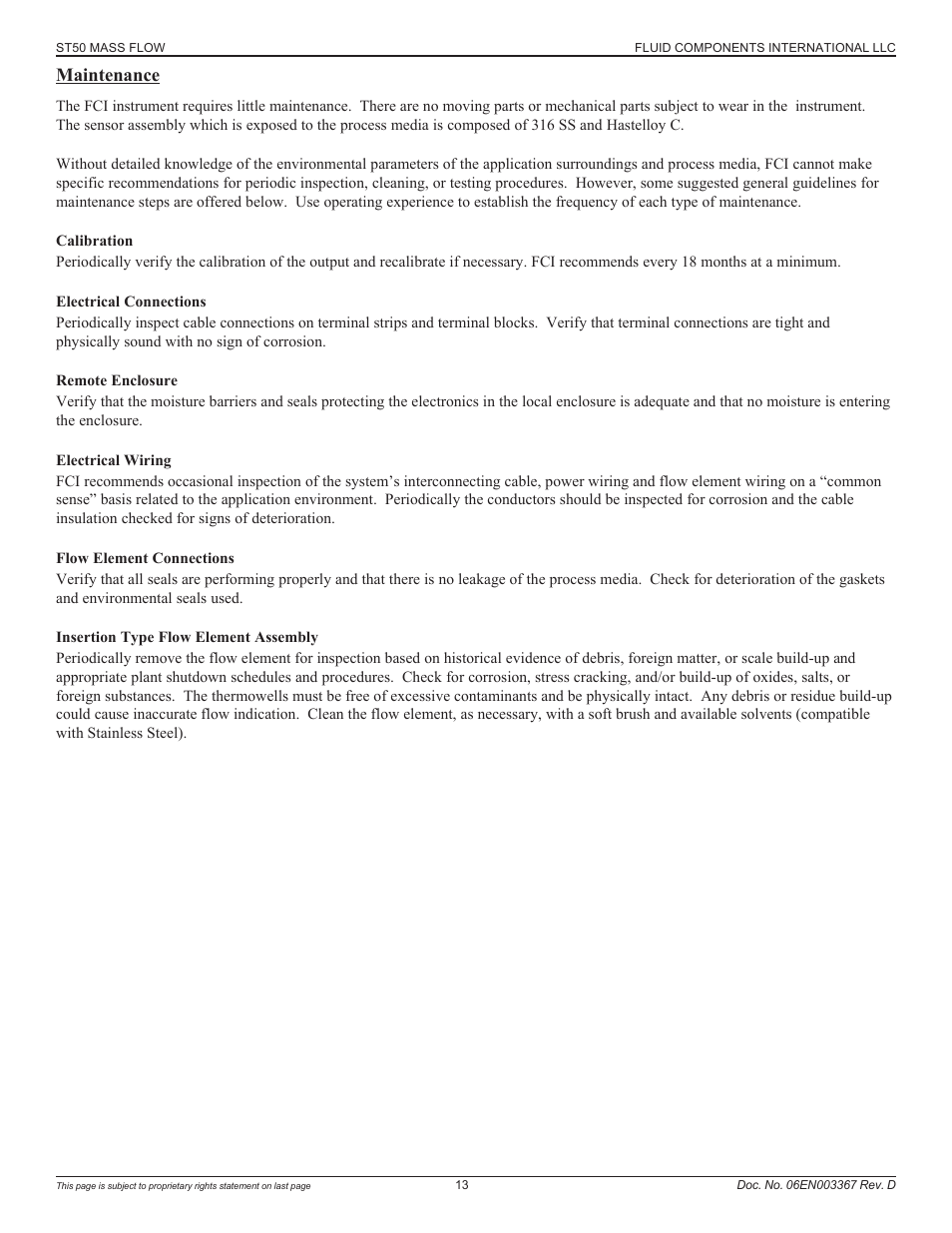 Maintenance | Fluid Components International ST50 User Manual | Page 13 / 36