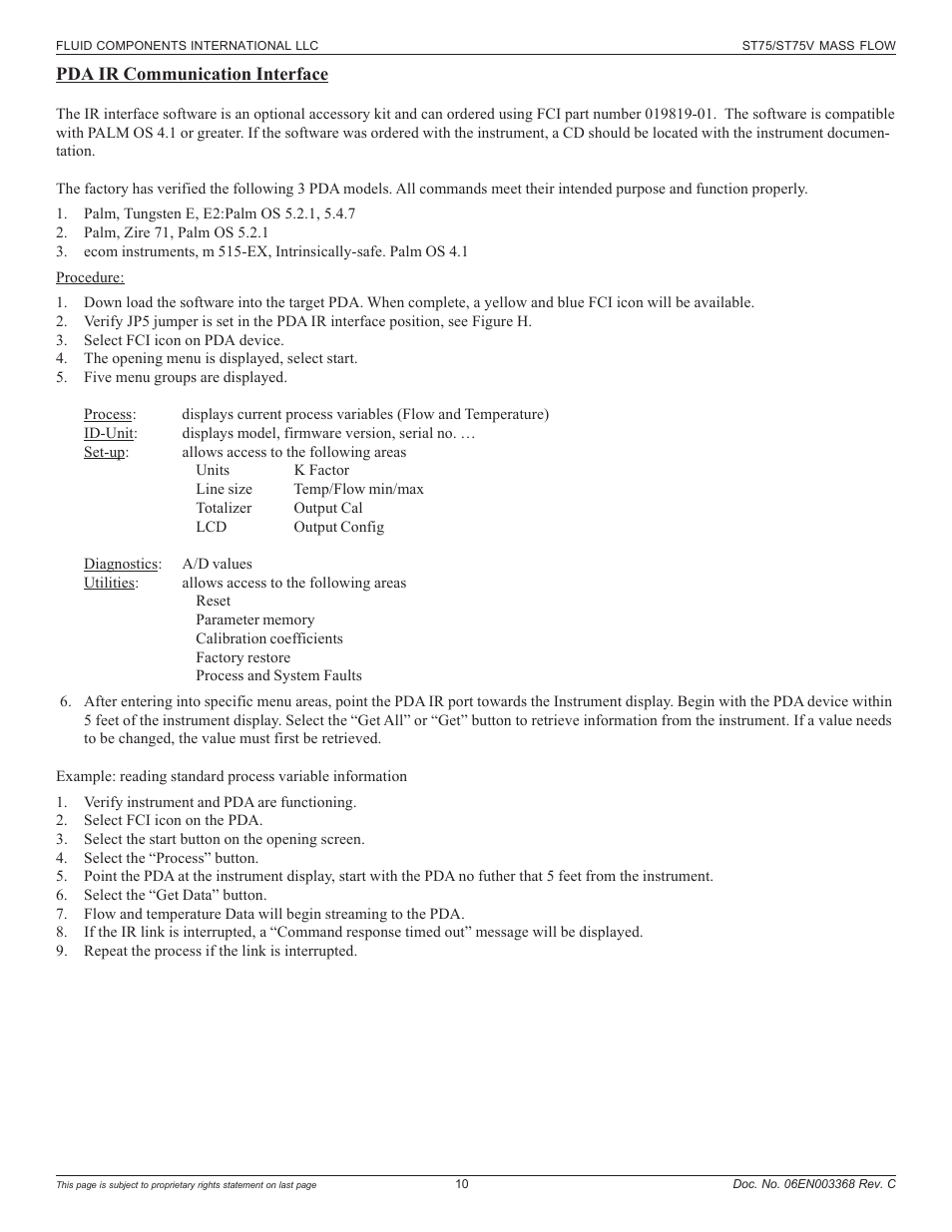 Pda ir communication interface | Fluid Components International ST75_ST75V User Manual | Page 10 / 40