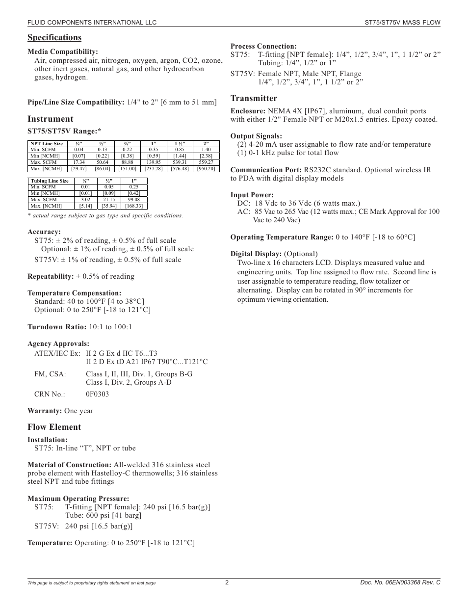 Specifications, Instrument, Flow element | Transmitter | Fluid Components International ST75_ST75V User Manual | Page 2 / 40