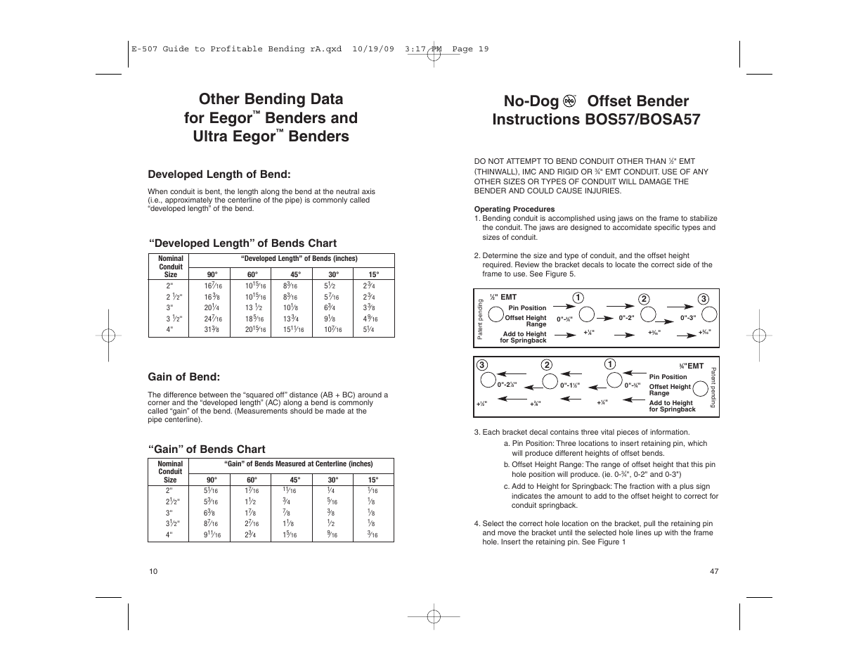 Benders and ultra eegor, Benders, Developed length of bend | Gain of bend, Developed length” of bends chart, Gain” of bends chart | Gardner Bender Guide to Profitable Bending User Manual | Page 10 / 28