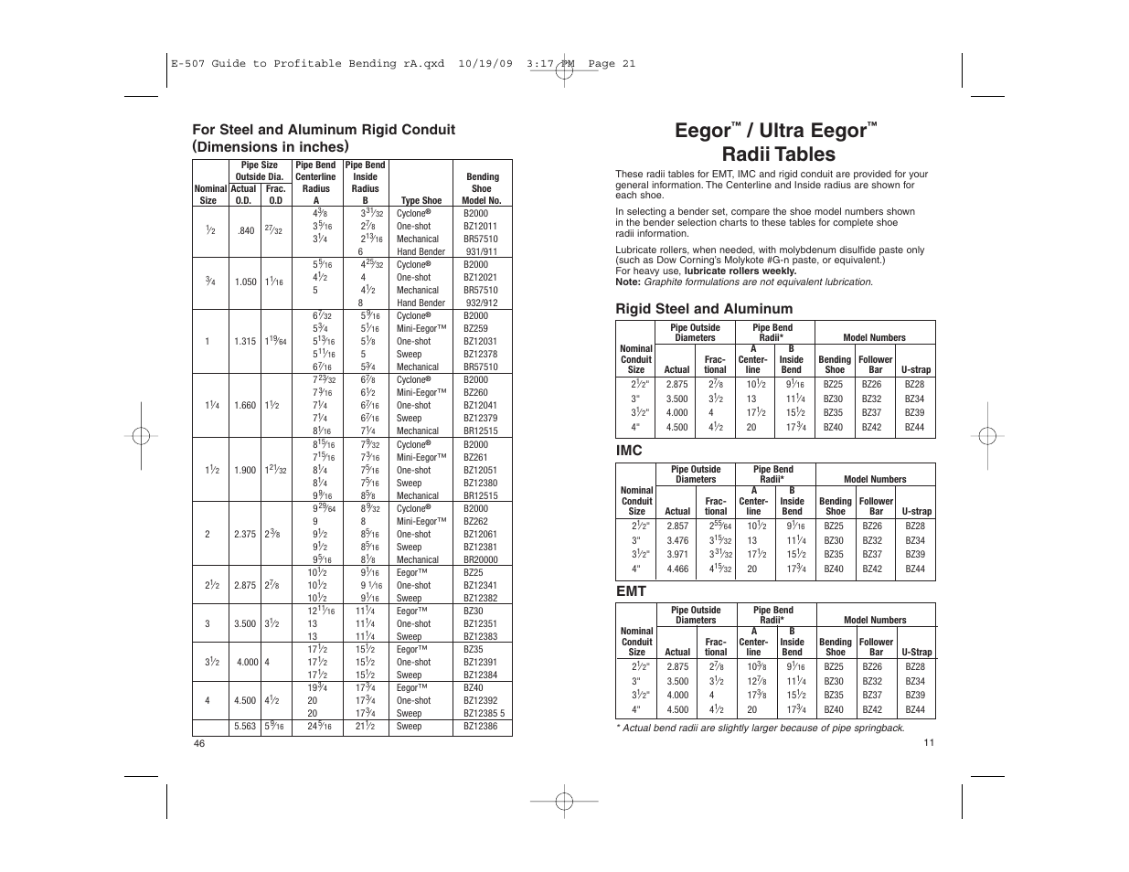 Eegor, Ultra eegor, Radii tables | Rigid steel and aluminum | Gardner Bender Guide to Profitable Bending User Manual | Page 11 / 28