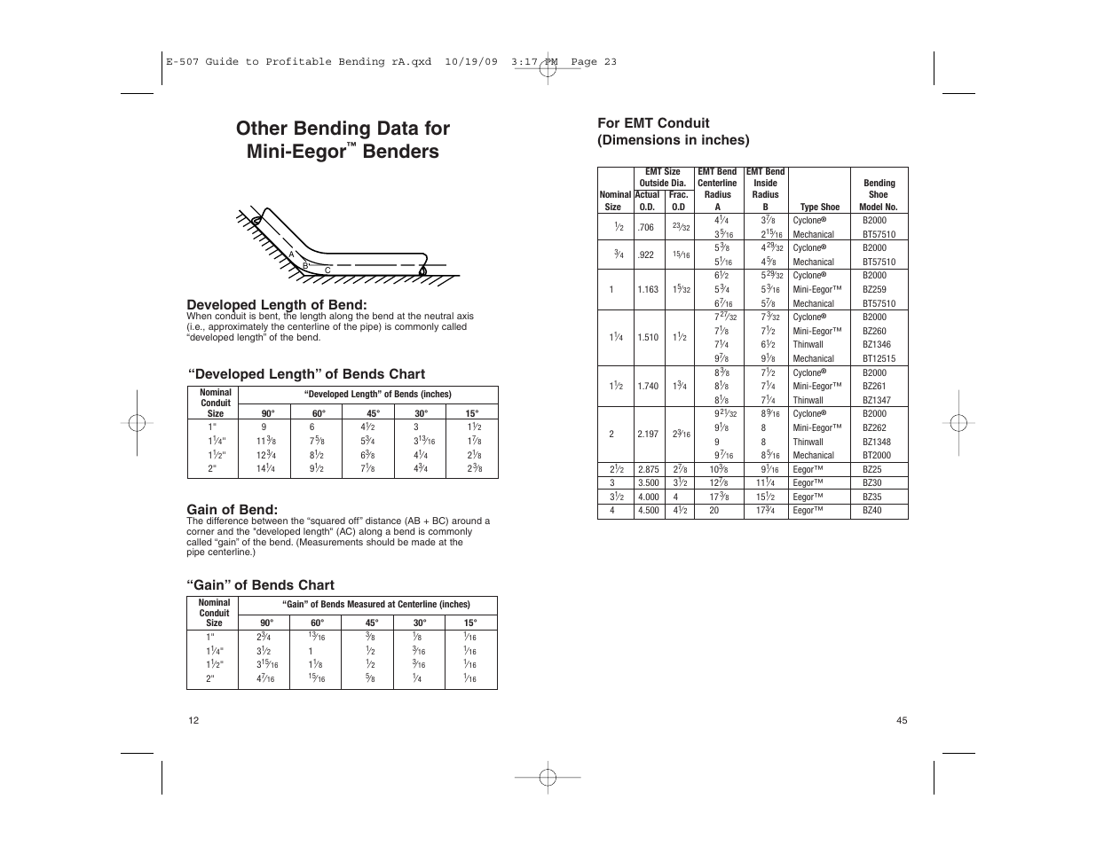 Other bending data for mini-eegor, Benders, For emt conduit (dimensions in inches) | Developed length of bend, Gain of bend, Developed length” of bends chart, Gain” of bends chart | Gardner Bender Guide to Profitable Bending User Manual | Page 12 / 28