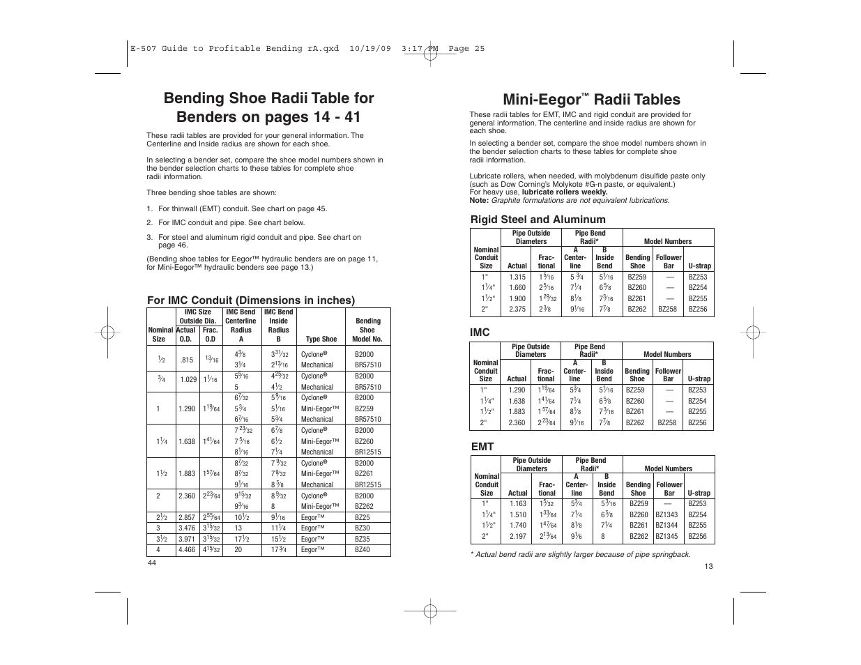 Mini-eegor, Radii tables, For imc conduit (dimensions in inches) | Rigid steel and aluminum | Gardner Bender Guide to Profitable Bending User Manual | Page 13 / 28