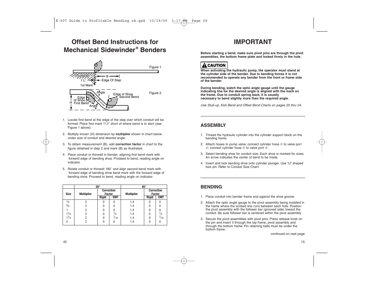 Offset bend instructions for mechanical sidewinder, Benders, Important | Assembly, Bending | Gardner Bender Guide to Profitable Bending User Manual | Page 15 / 28