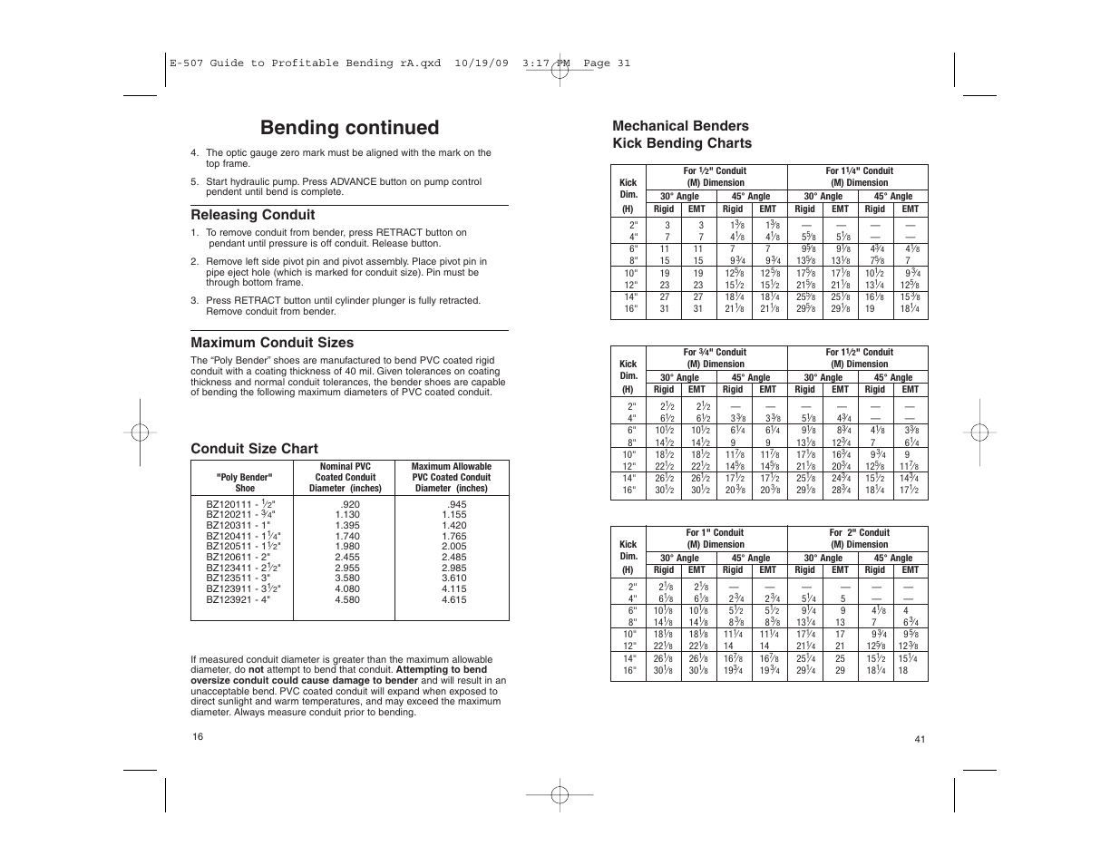 Bending continued, Mechanical benders kick bending charts, Releasing conduit | Maximum conduit sizes, Conduit size chart | Gardner Bender Guide to Profitable Bending User Manual | Page 16 / 28