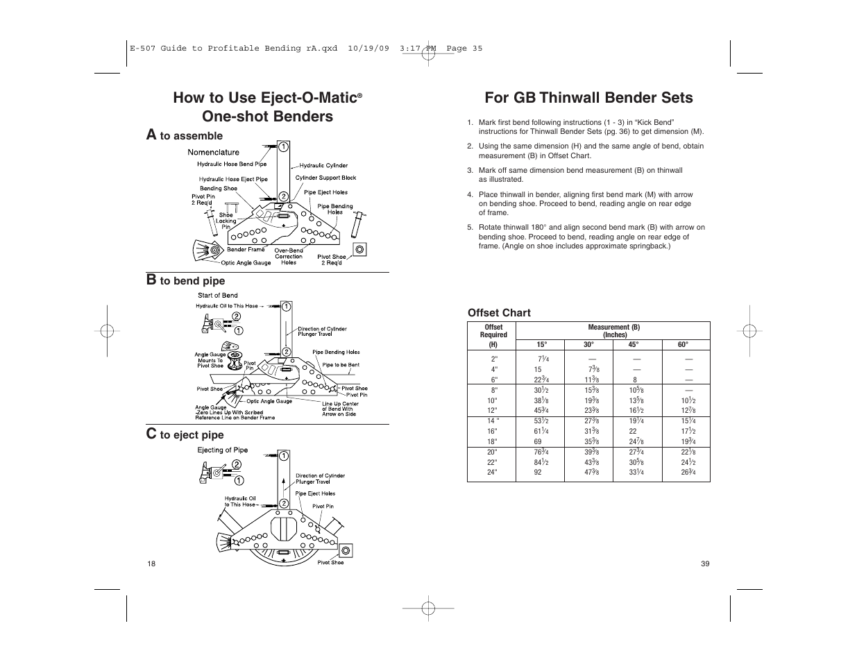 For gb thinwall bender sets, How to use eject-o-matic, One-shot benders a | Offset chart | Gardner Bender Guide to Profitable Bending User Manual | Page 18 / 28