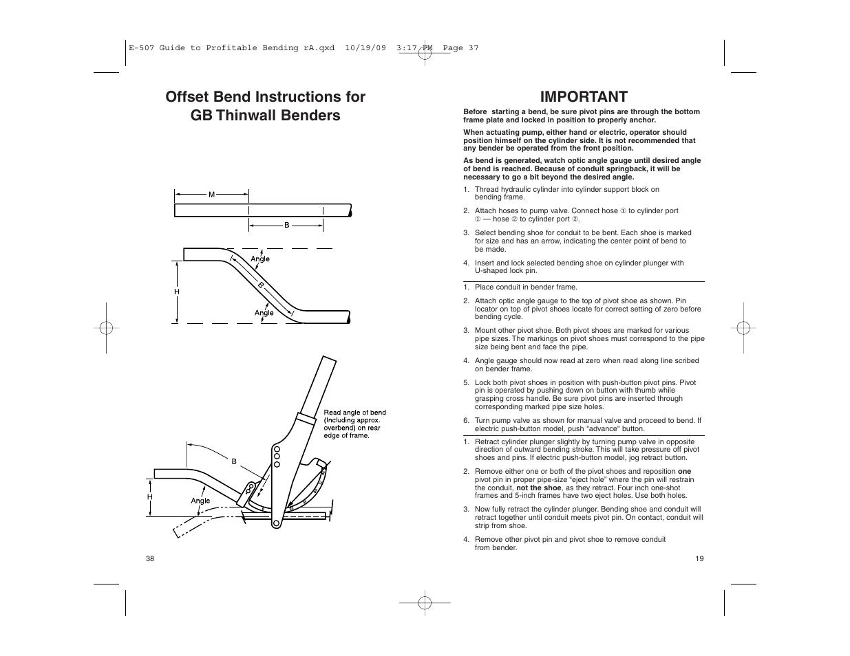 Offset bend instructions for gb thinwall benders, Important | Gardner Bender Guide to Profitable Bending User Manual | Page 19 / 28