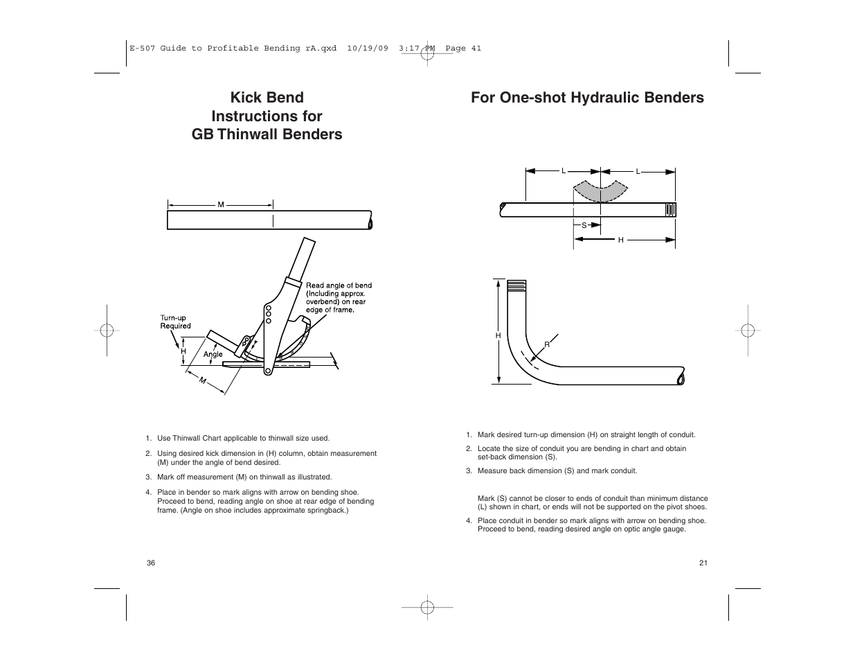 Kick bend instructions for gb thinwall benders, For one-shot hydraulic benders | Gardner Bender Guide to Profitable Bending User Manual | Page 21 / 28