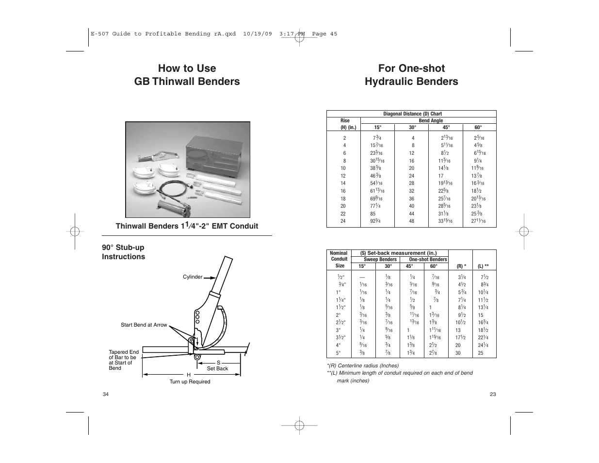 How to use gb thinwall benders, For one-shot hydraulic benders, 90° stub-up instructions | Thinwall benders 11⁄4"-2" emt conduit | Gardner Bender Guide to Profitable Bending User Manual | Page 23 / 28