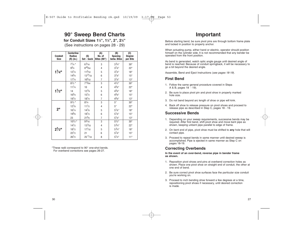 90° sweep bend charts, Important, For conduit sizes 1 | See instructions on pages 28 - 29), First bend, Successive bends, Correcting overbends | Gardner Bender Guide to Profitable Bending User Manual | Page 27 / 28