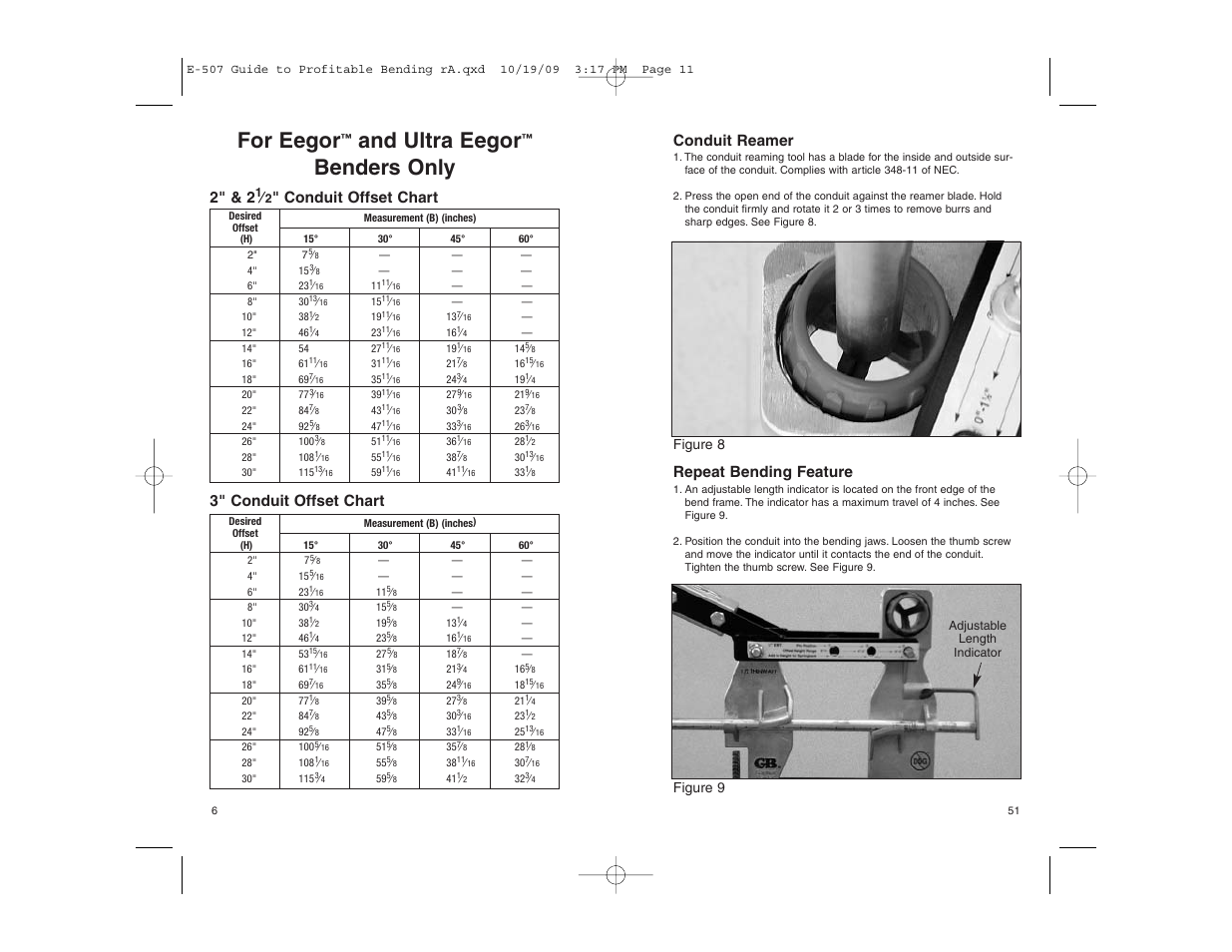 For eegor, And ultra eegor, Benders only | Conduit reamer, Repeat bending feature, Conduit offset chart 3" conduit offset chart | Gardner Bender Guide to Profitable Bending User Manual | Page 6 / 28