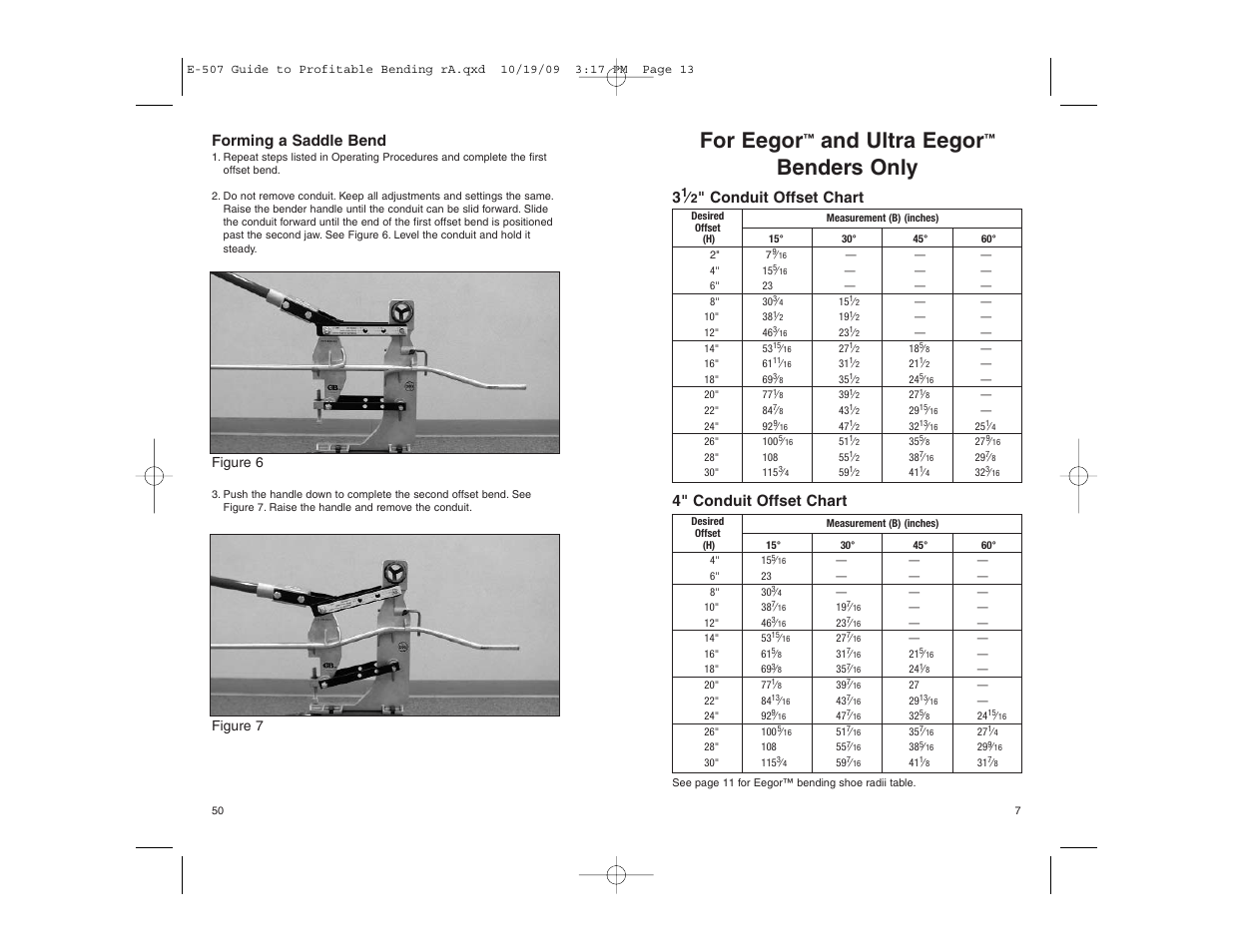 For eegor, And ultra eegor, Benders only | Forming a saddle bend, 4" conduit offset chart 3, Conduit offset chart | Gardner Bender Guide to Profitable Bending User Manual | Page 7 / 28