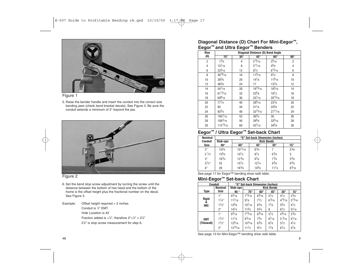 Diagonal distance (d) chart for mini-eegor, Eegor, And ultra eegor | Benders eegor, Ultra eegor, Set-back chart, Mini-eegor | Gardner Bender Guide to Profitable Bending User Manual | Page 9 / 28