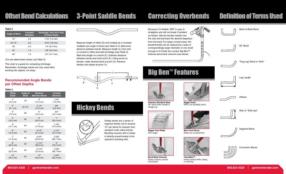 Features, Recommended angle bends per offset depths | Gardner Bender Hand Benders How To Guide User Manual | Page 2 / 2