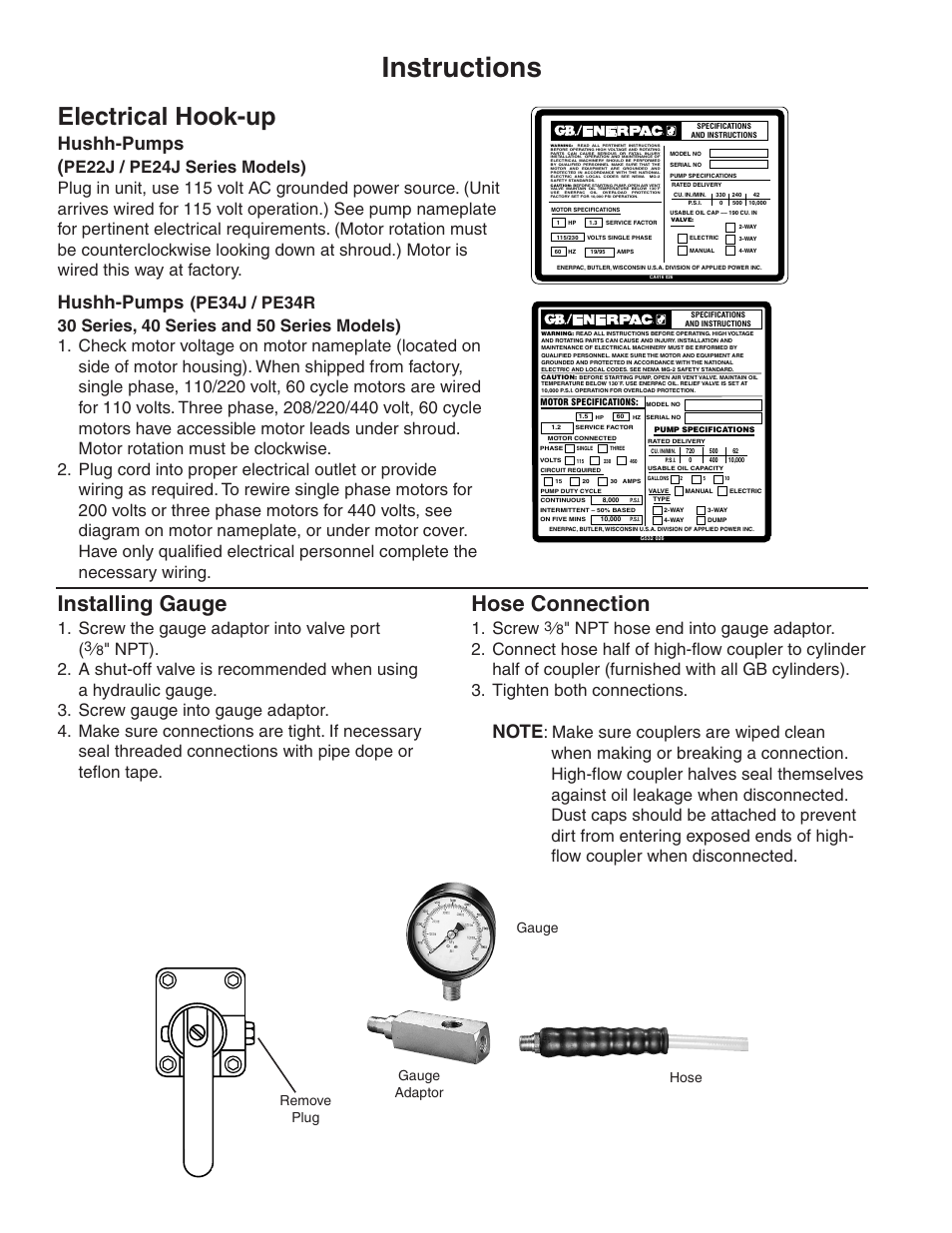 Instructions, Electrical hook-up, Installing gauge | Hose connection, Hushh-pumps, Screw the gauge adaptor into valve port, Screw, Gauge hose gauge adaptor remove plug | Gardner Bender Electric Pumps User Manual | Page 2 / 4