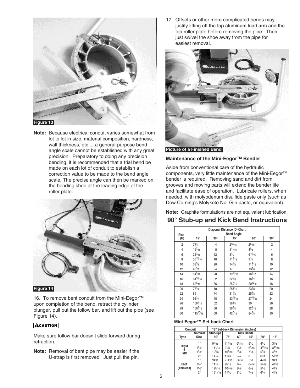 90° stub-up and kick bend instructions, Mini-eegor™ set-back chart | Gardner Bender Mini-Eegor Hydraulic Bender User Manual | Page 5 / 6