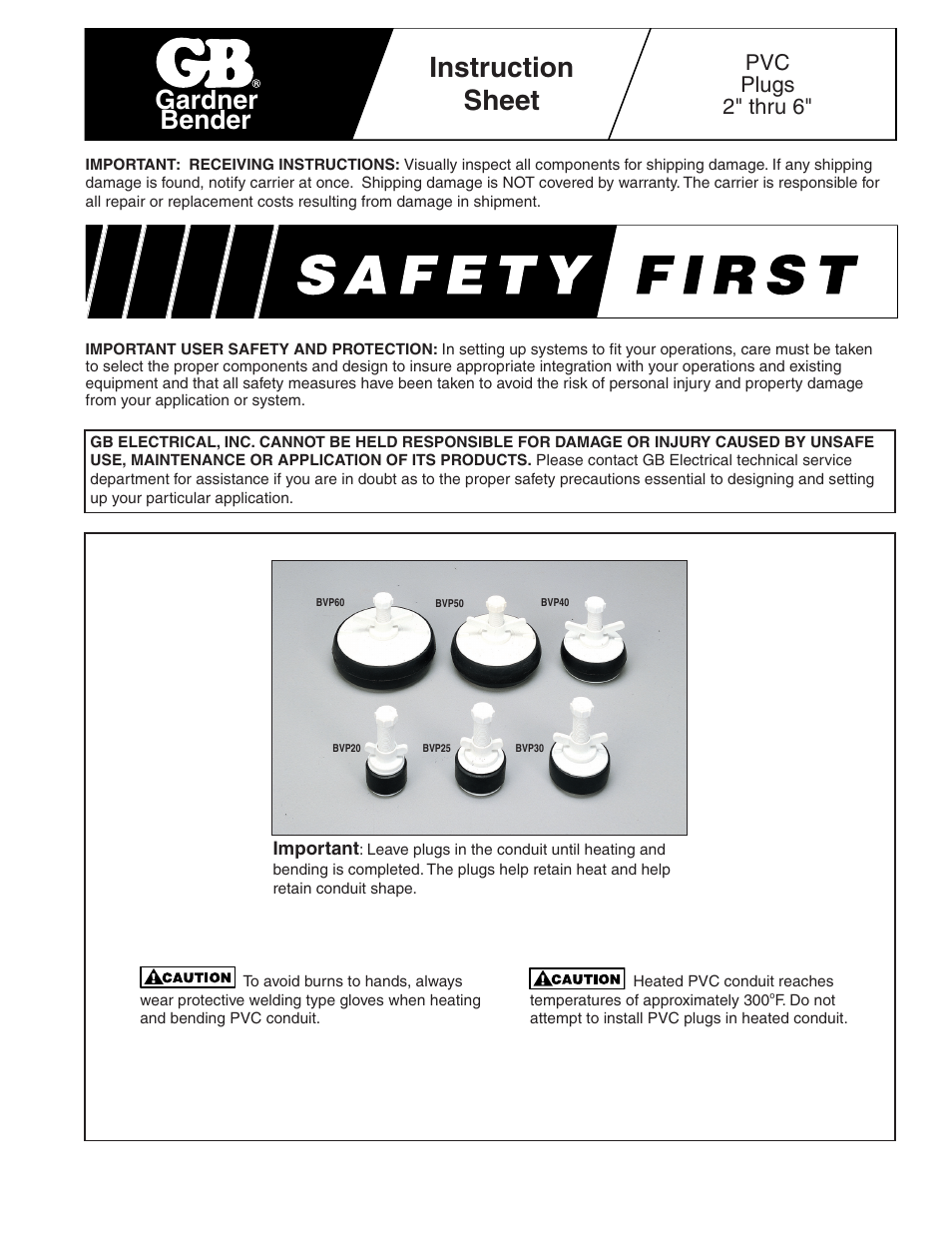 Gardner Bender PVC Plugs 2 thru 6 User Manual | 2 pages