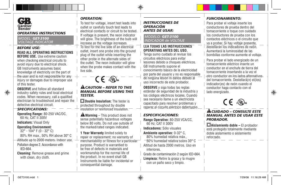 Gardner Bender GET-3100 Twin Probe Circuit Tester User Manual | 2 pages