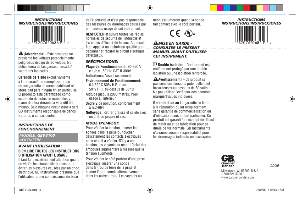 Gardner Bender GET-3100 Twin Probe Circuit Tester User Manual | Page 2 / 2