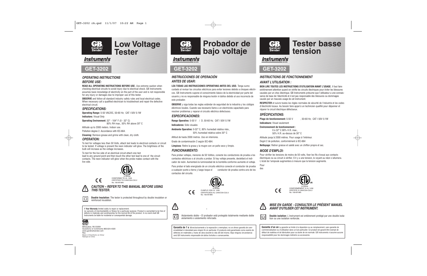 Gardner Bender GET-3202 Low Voltage Twin Probe Circuit Tester User Manual | 1 page