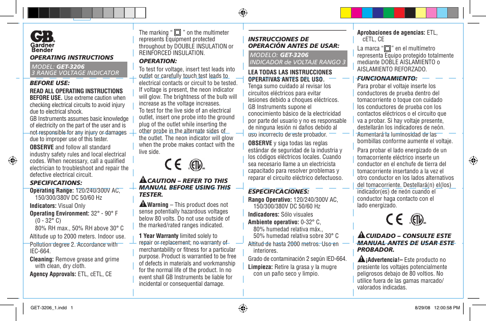 Gardner Bender GET-3206 6-Way Circuit Tester User Manual | 2 pages