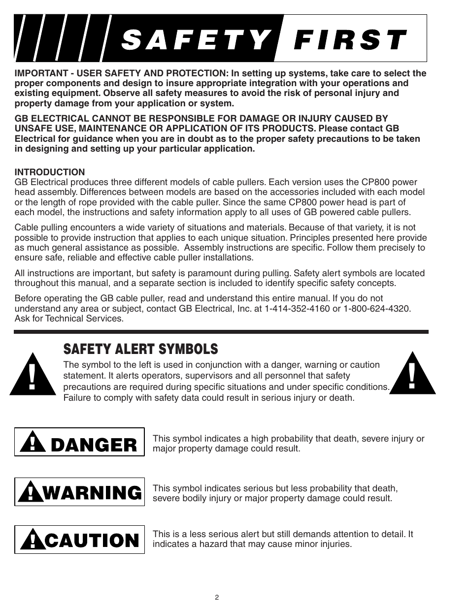 Danger | Gardner Bender CP8006 Powered Cable Puller User Manual | Page 2 / 16