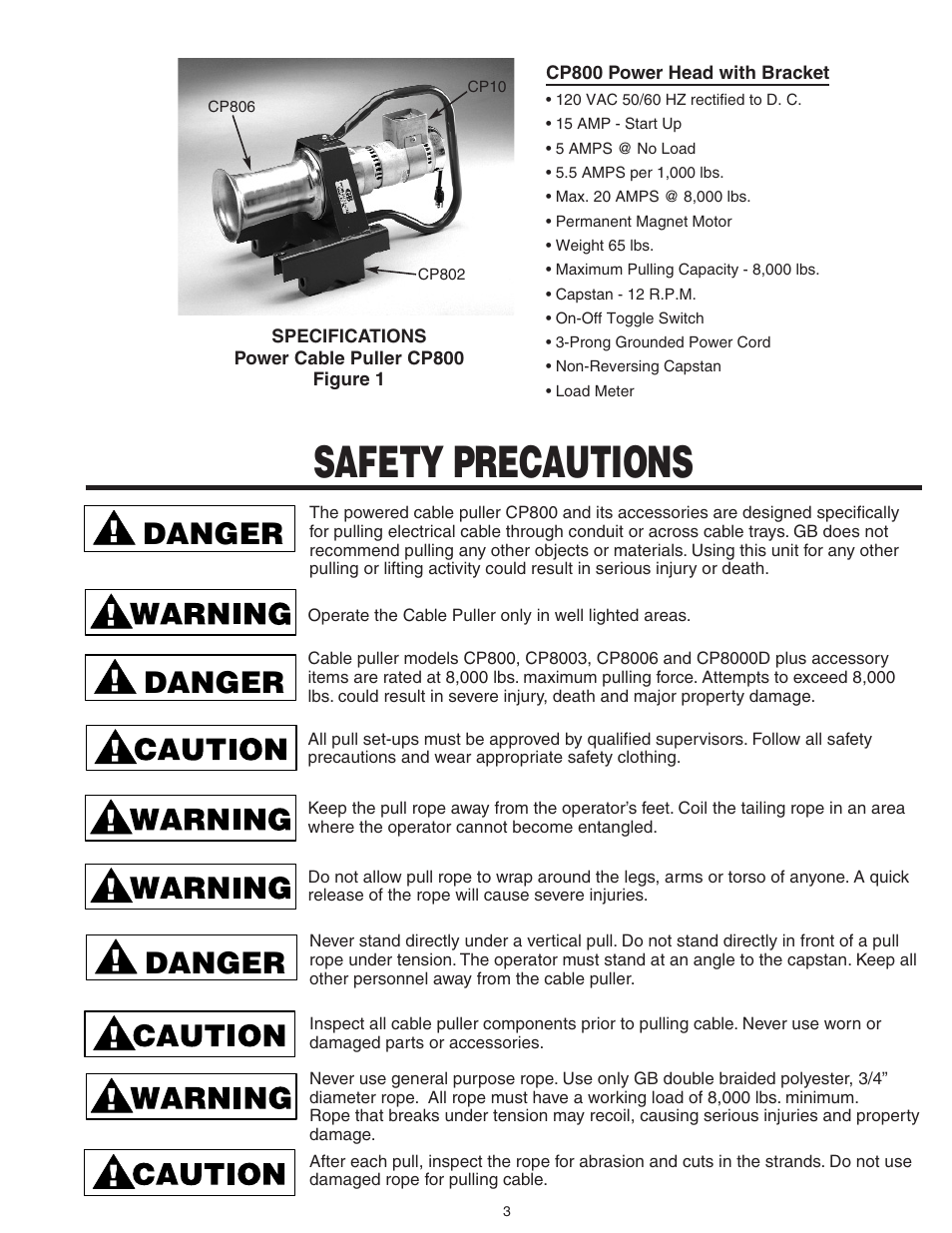 Safety precautions, Danger | Gardner Bender CP8006 Powered Cable Puller User Manual | Page 5 / 16