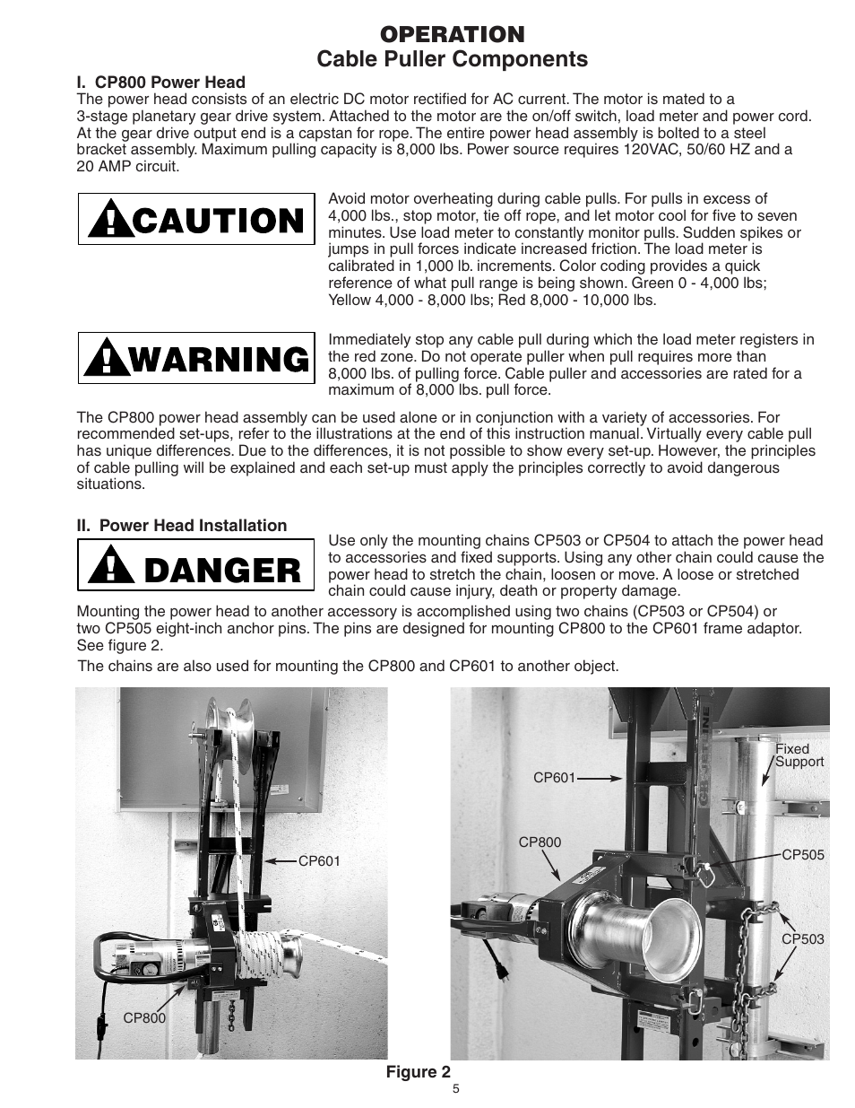 Danger, Operation cable puller components | Gardner Bender CP8006 Powered Cable Puller User Manual | Page 9 / 16