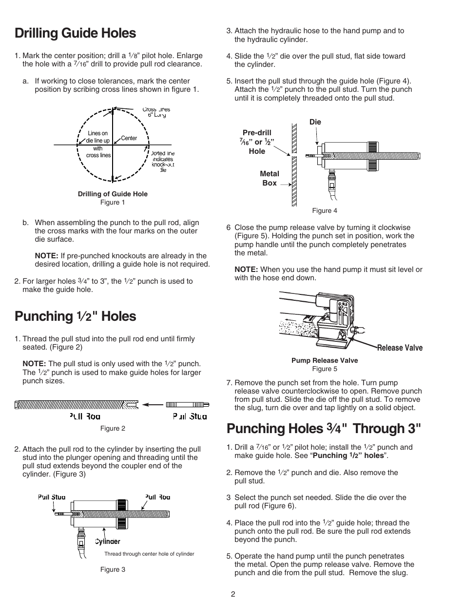 Drilling guide holes, Punching, Holes | Punching holes, Through 3, Pull rod pull stud | Gardner Bender Hydraulic Knockout Sets User Manual | Page 2 / 4